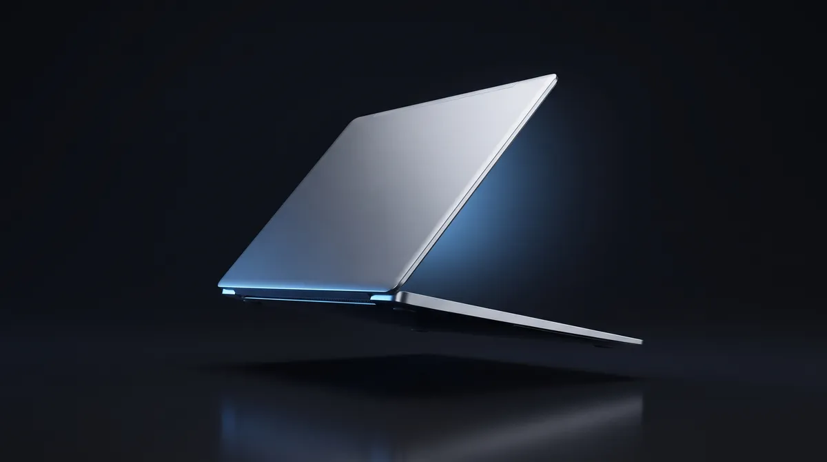 MacBook aberto, perfil fino sob luz azul